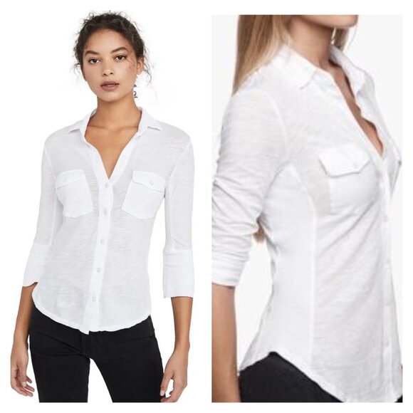 Standard JAMES PERSE White Contrast Panel 3/4 Sleeve Button Shirt - Picture 1 of 8
